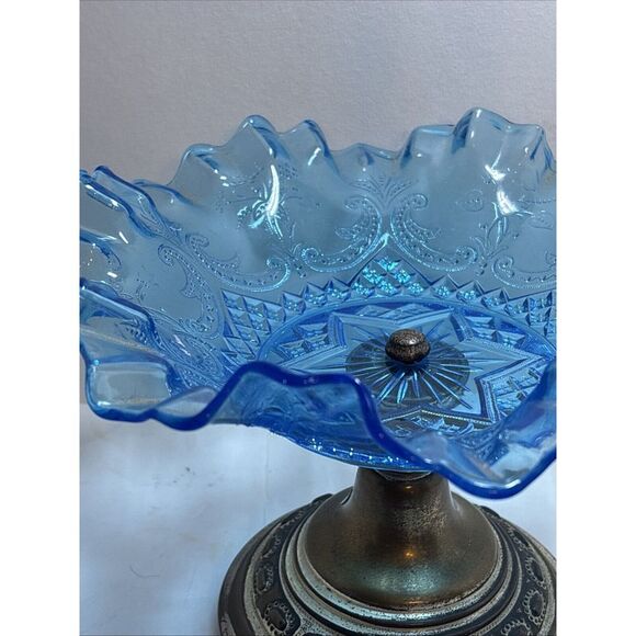 Other - Blue Crimped Ruffled Candy Dish Compote Art Glass 6 Star Paisley Pattern